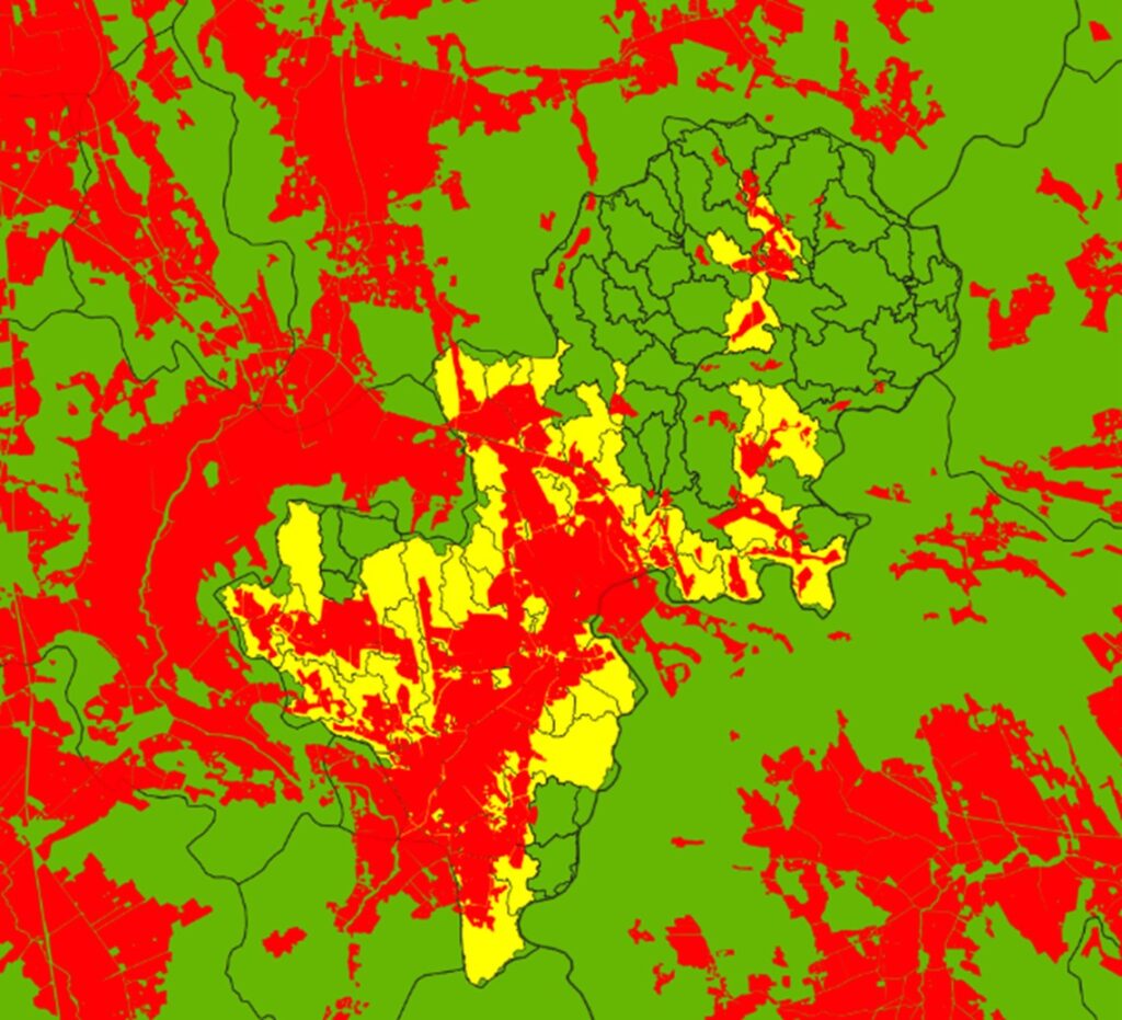 En kartabild med röda, gula och gröna fält som visar jordbruksmark