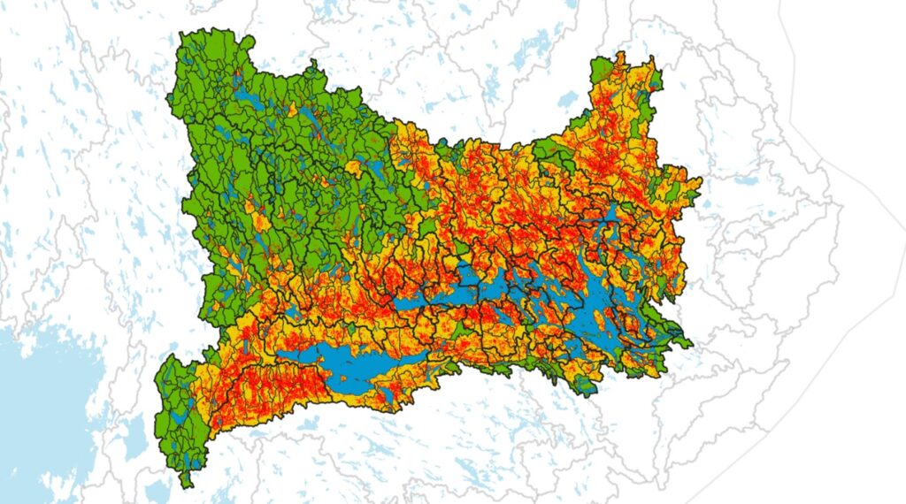 Ett utsnitt över en karta som visar Mälaren i söder och olika typer av marker.