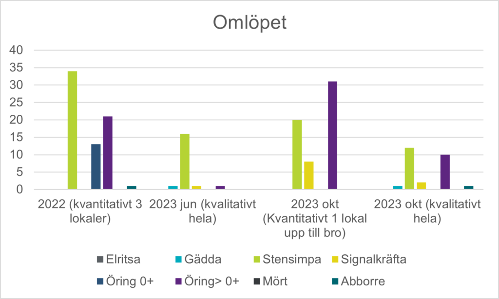 Ett stapeldiagram som visar resultatet från elfisk i omlöpet i under 2022 och 2023.