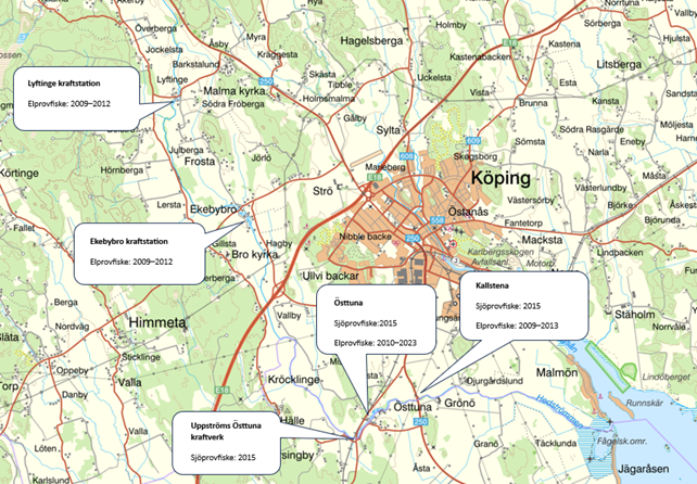En karta som visar var i Hedströmmen man elfiskat: Lyftinge kraftstation, Ekebybro kraftstation, Kallstena, Östtuna och Uppströms  Östtuna kraftverk.