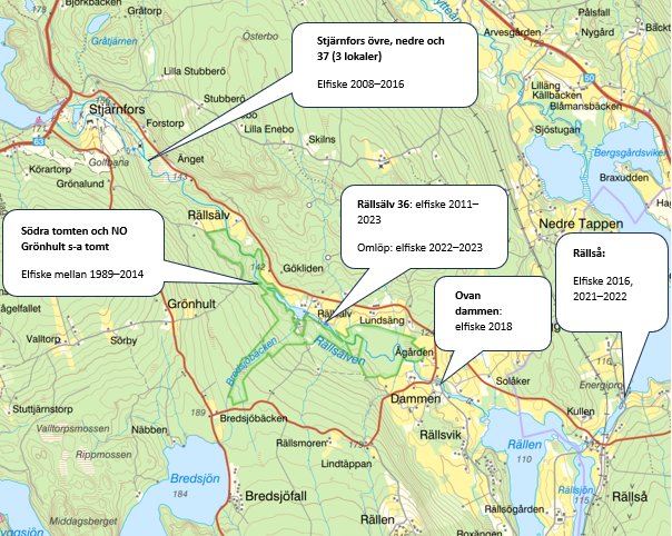 En karta som visar de platser där man elifskat i Rällsälv; Stjärnfors, Södra tomten och Norra Grönhult, Rällsälv, Ovan dammen och Rällså.