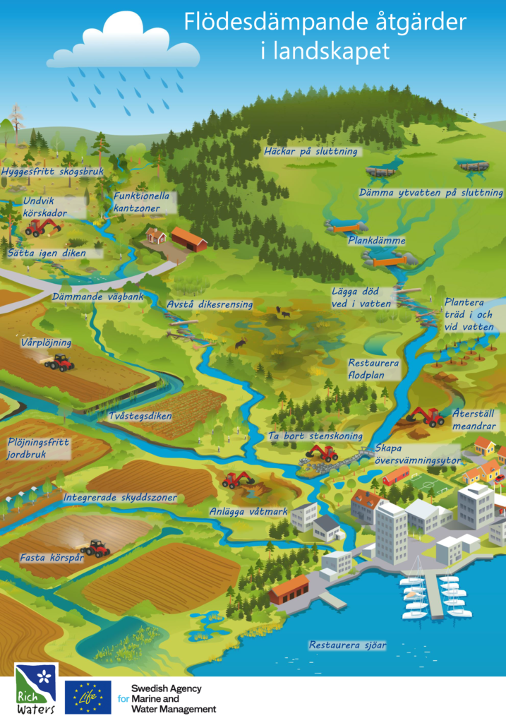 Illustrationen visar ett landskap där vattnet rinner mot en sjö. Olika åtgärder i landskapet finns representerade.